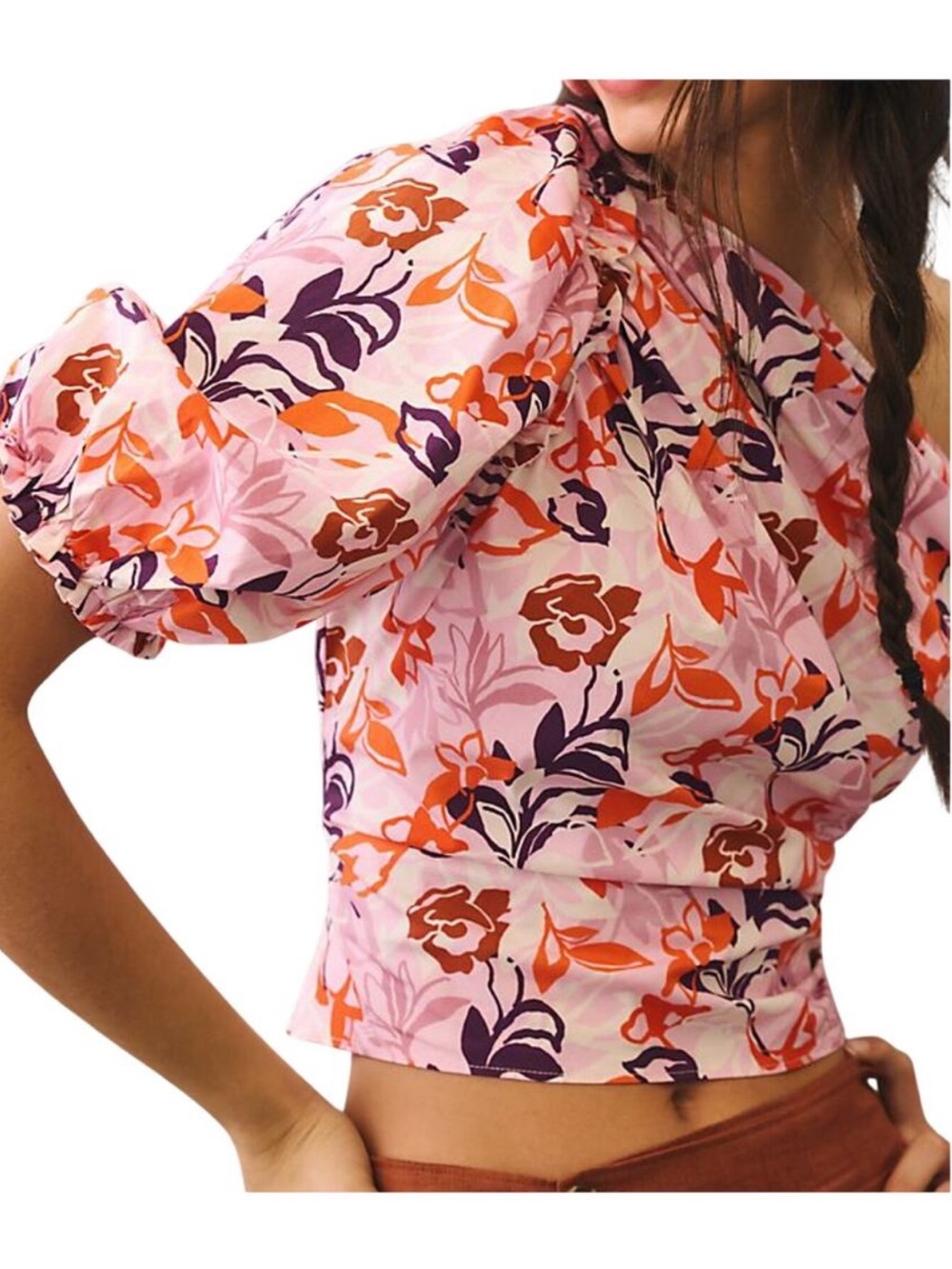 Maeve Anthropologie One-Shoulder Puff Crop Top